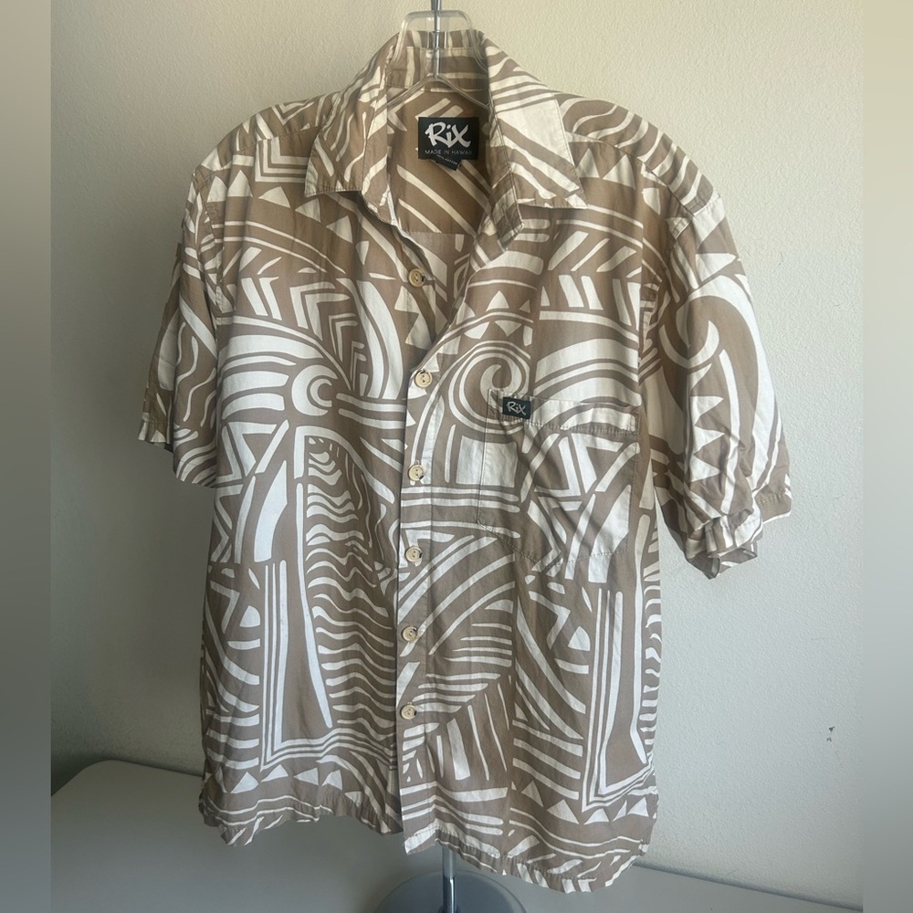 Rix Shirt Mens Medium Brown Hawaiian Tribal Geometric Made USA Beach Camp Resort